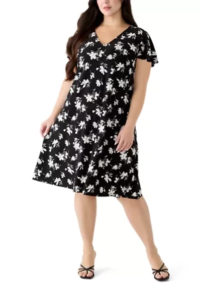 Plus Flutter Sleeve Print Knit Dress