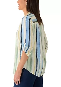 Women's 3/4 Roll Tab Sleeve Striped Top
