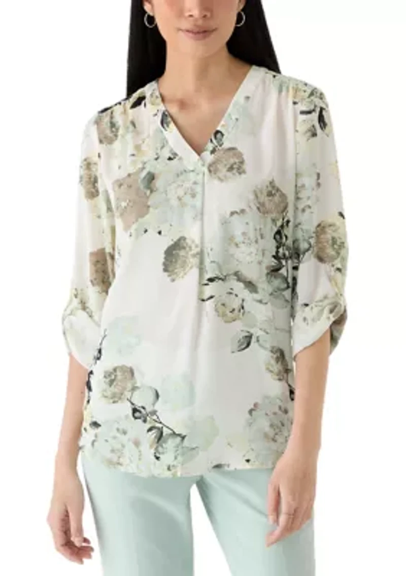 Petite V-Neck Roll Tab Sleeve Blouse