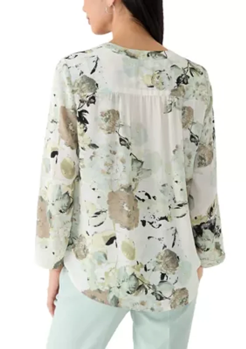 Petite V-Neck Roll Tab Sleeve Blouse