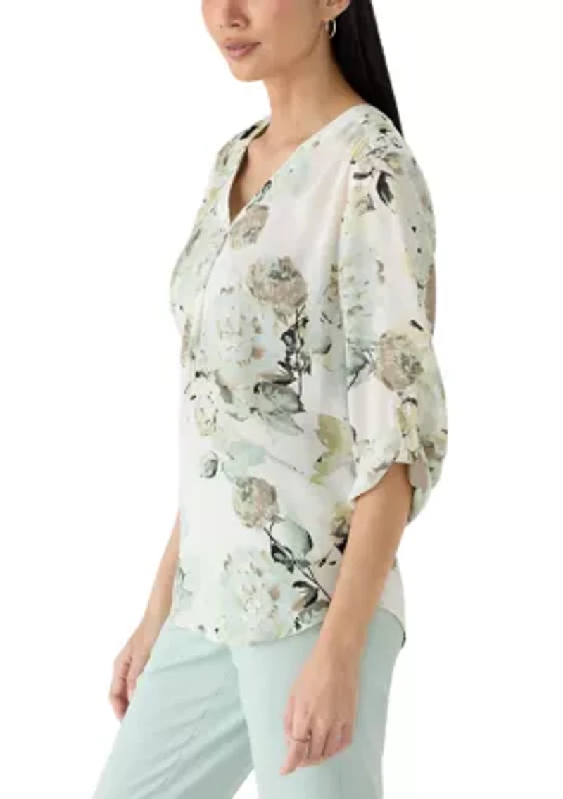 Petite V-Neck Roll Tab Sleeve Blouse