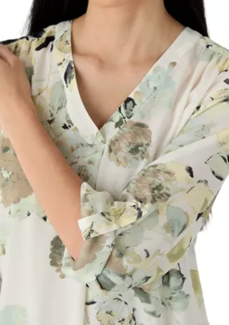 Petite V-Neck Roll Tab Sleeve Blouse