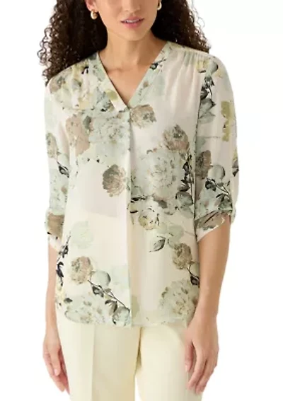 Petite V-Neck Roll-Tab Sleeve Blouse