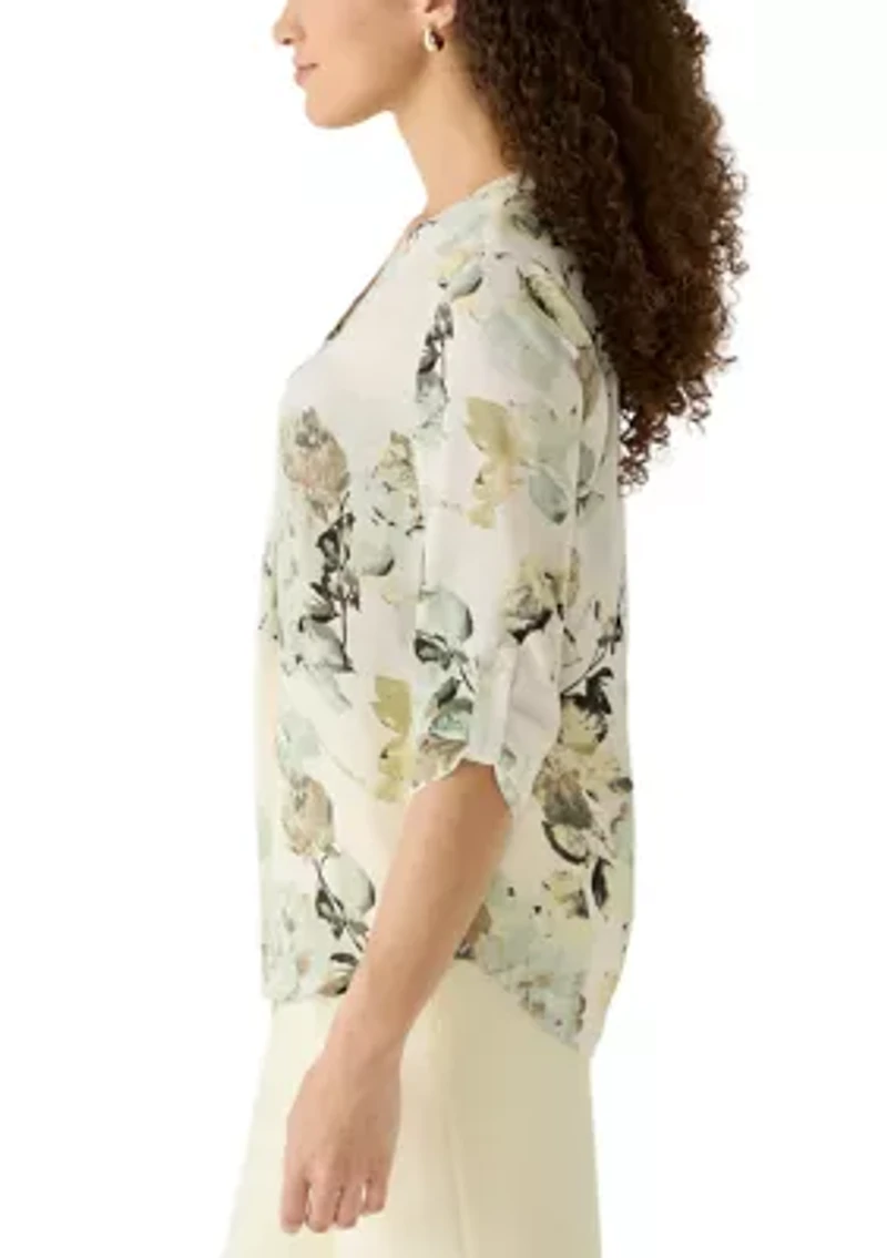 Petite V-Neck Roll-Tab Sleeve Blouse