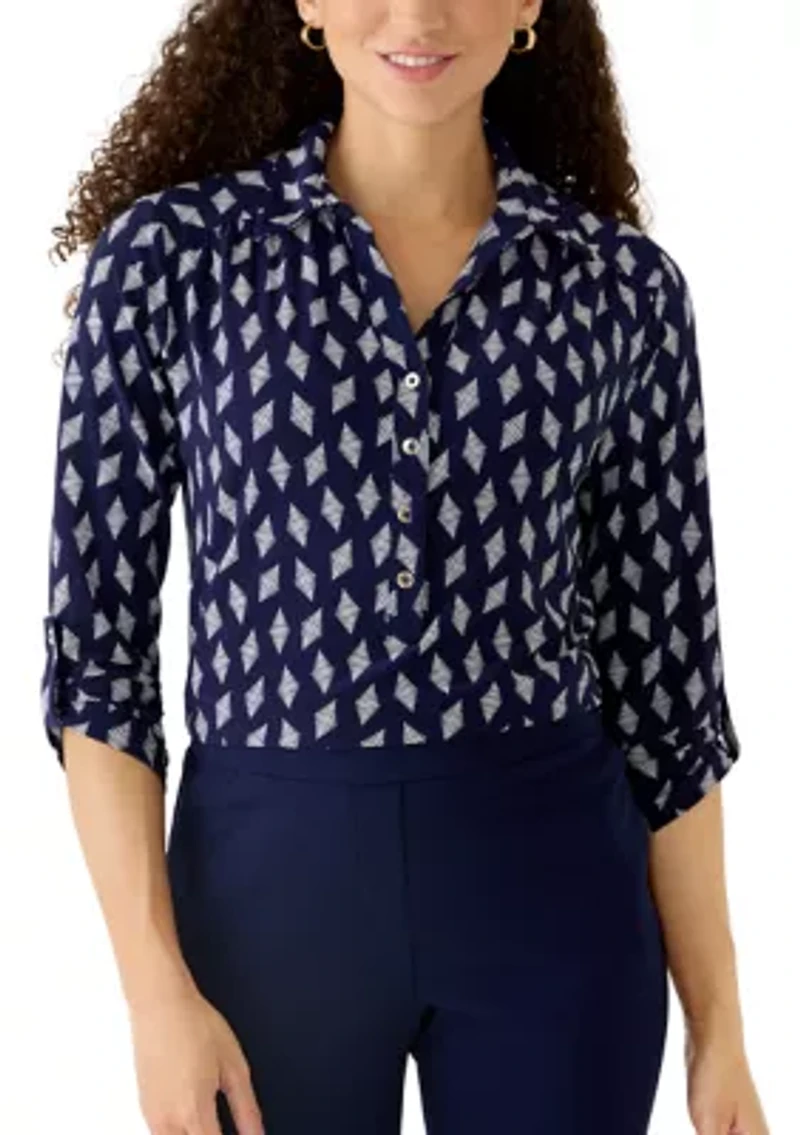 Petite 3/4 Scrunch Tab Sleeve Collared Button Down Shirt