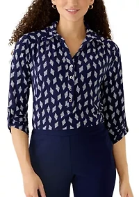 Petite 3/4 Scrunch Tab Sleeve Collared Button Down Shirt