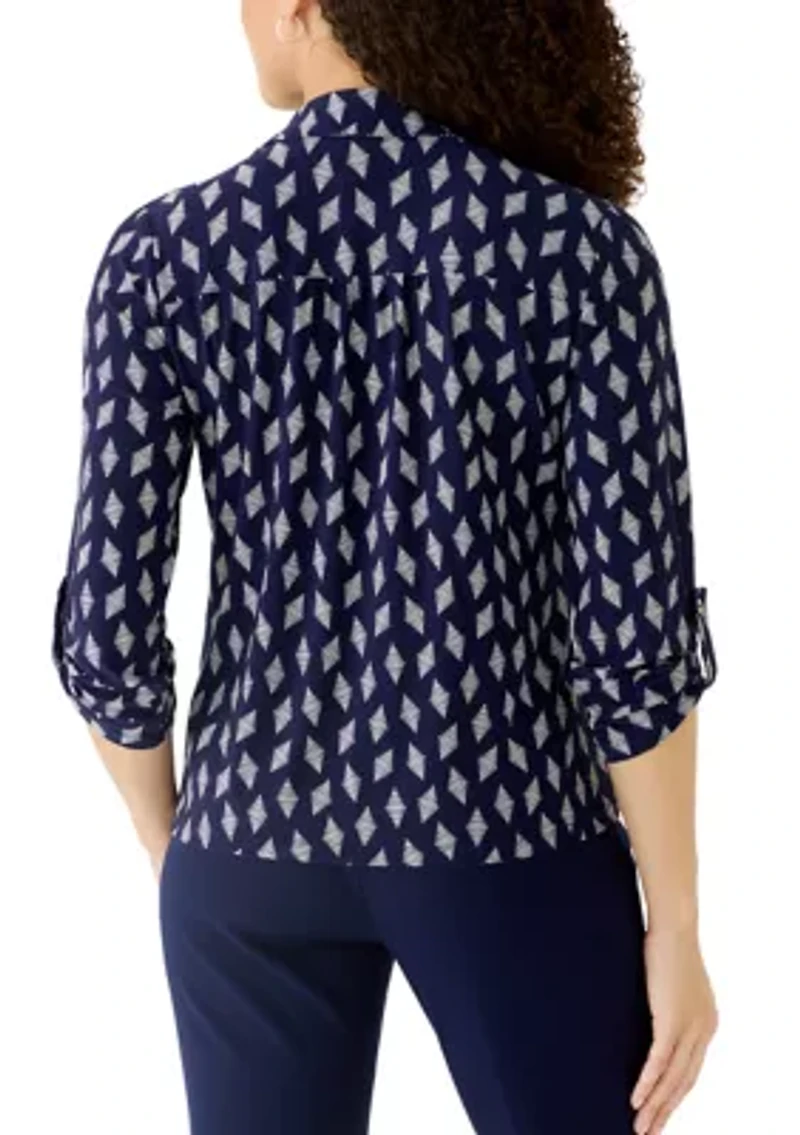 Petite 3/4 Scrunch Tab Sleeve Collared Button Down Shirt