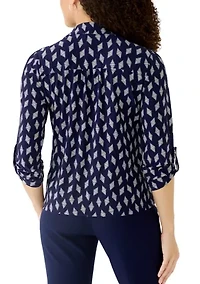 Petite 3/4 Scrunch Tab Sleeve Collared Button Down Shirt