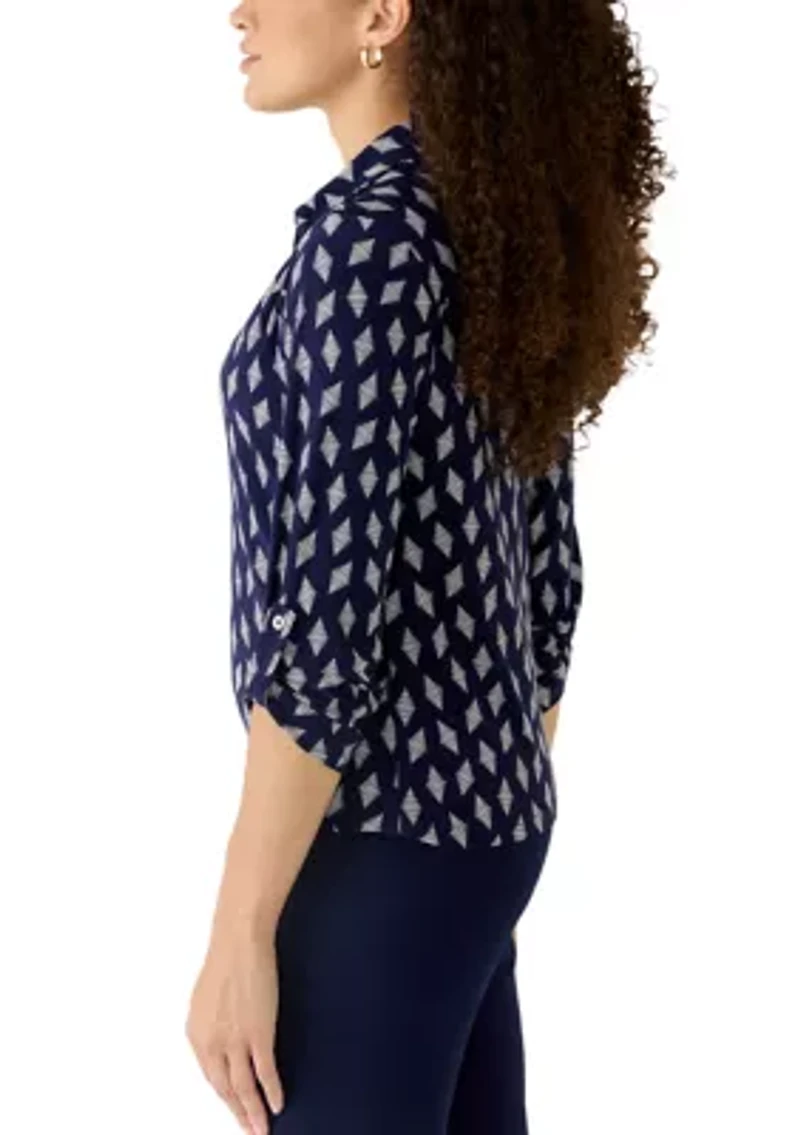 Petite 3/4 Scrunch Tab Sleeve Collared Button Down Shirt