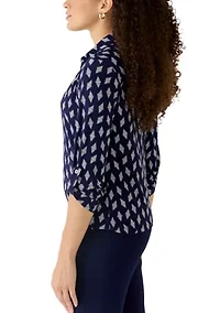 Petite 3/4 Scrunch Tab Sleeve Collared Button Down Shirt