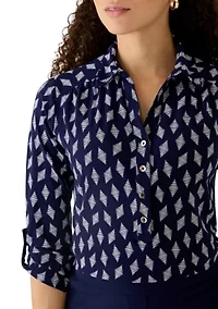 Petite 3/4 Scrunch Tab Sleeve Collared Button Down Shirt