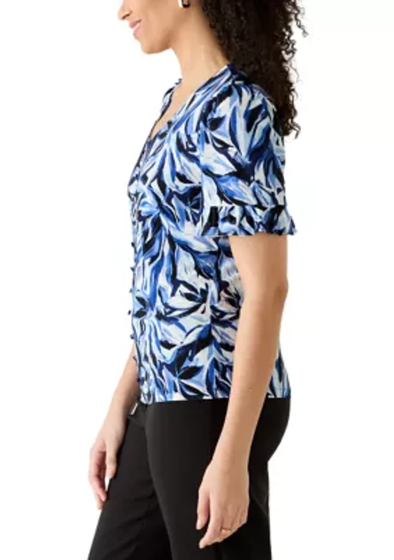 Petite Ruffle Sleeve Button Front Top