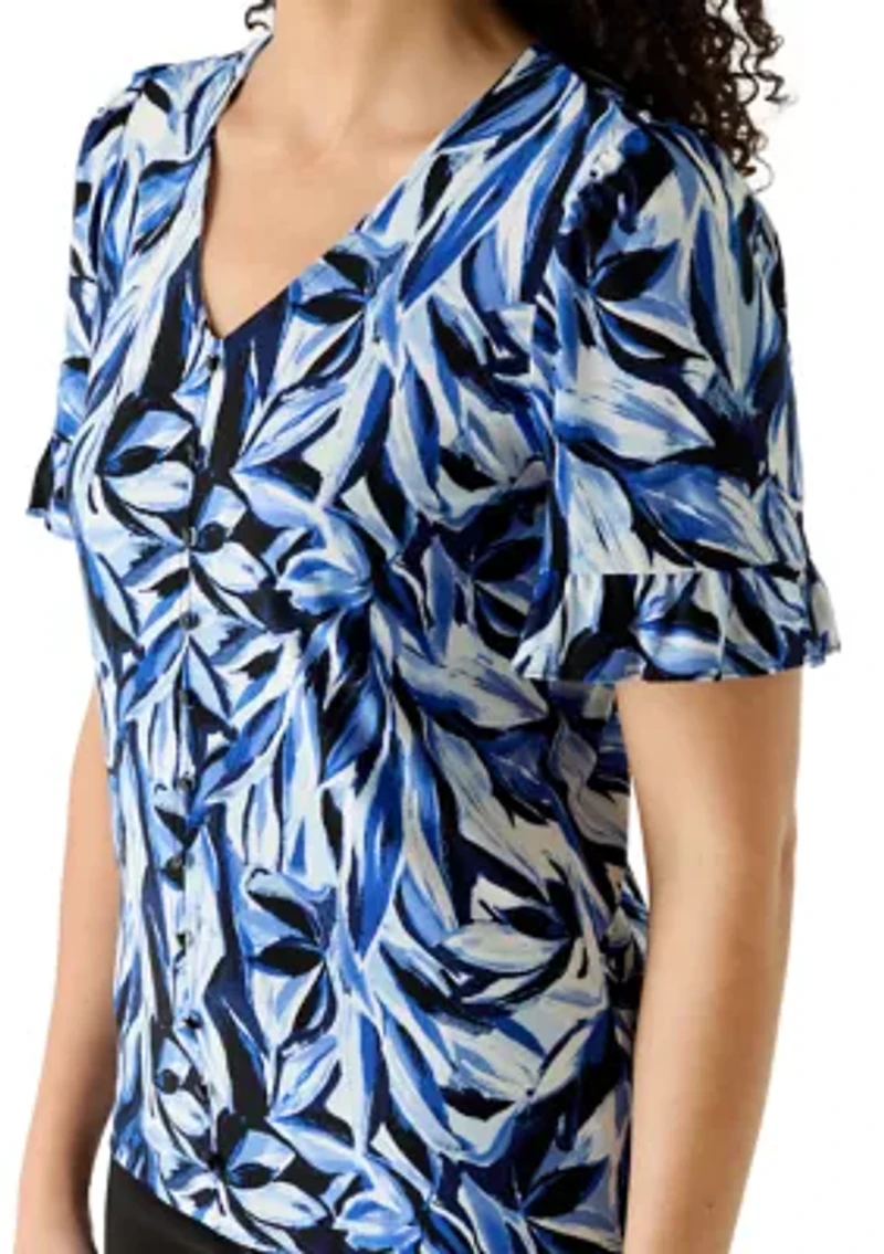 Petite Ruffle Sleeve Button Front Top