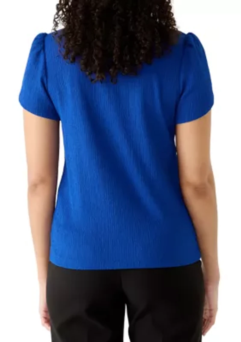 Petite Crew Neck Tulip Sleeve Bubble Check Top