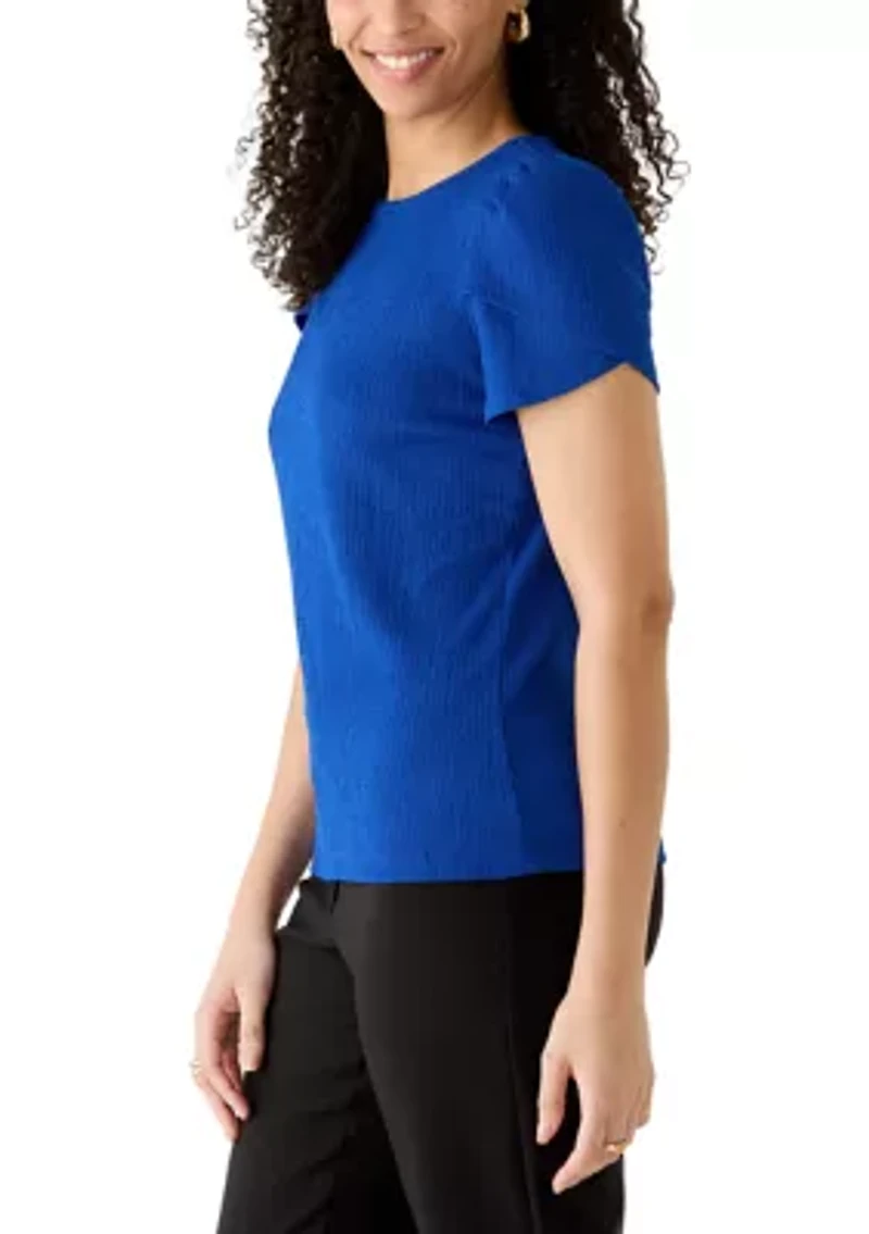 Petite Crew Neck Tulip Sleeve Bubble Check Top