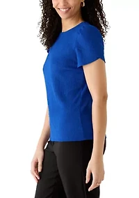 Petite Crew Neck Tulip Sleeve Bubble Check Top
