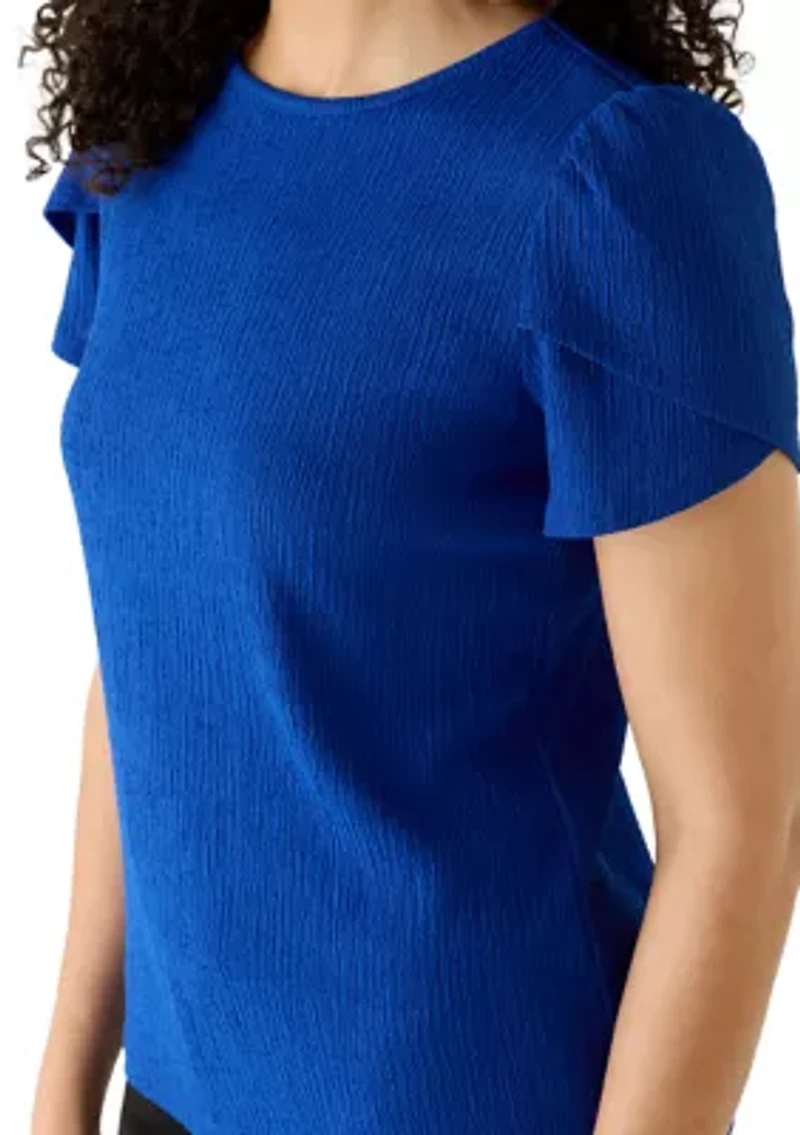 Petite Crew Neck Tulip Sleeve Bubble Check Top