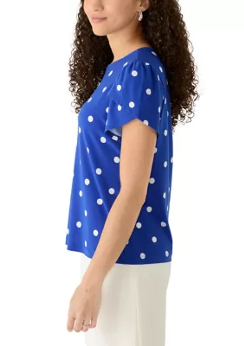 Petite Tulip Sleeve Dot Print Shirt