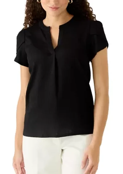 Petite V-Neck Bubble Check Tulip Sleeve Top