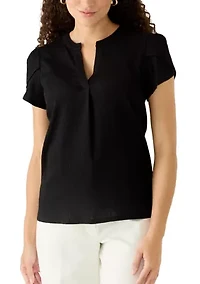 Petite V-Neck Bubble Check Tulip Sleeve Top