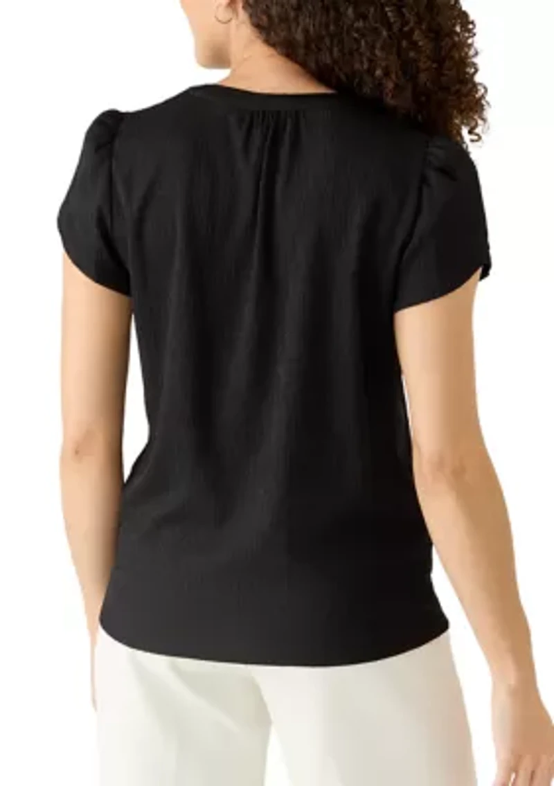 Petite V-Neck Bubble Check Tulip Sleeve Top