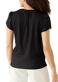 Petite V-Neck Bubble Check Tulip Sleeve Top