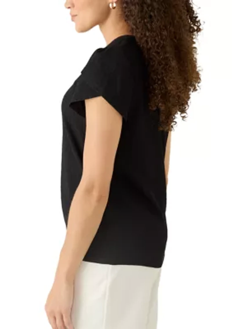 Petite V-Neck Bubble Check Tulip Sleeve Top