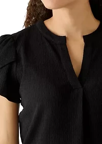 Petite V-Neck Bubble Check Tulip Sleeve Top