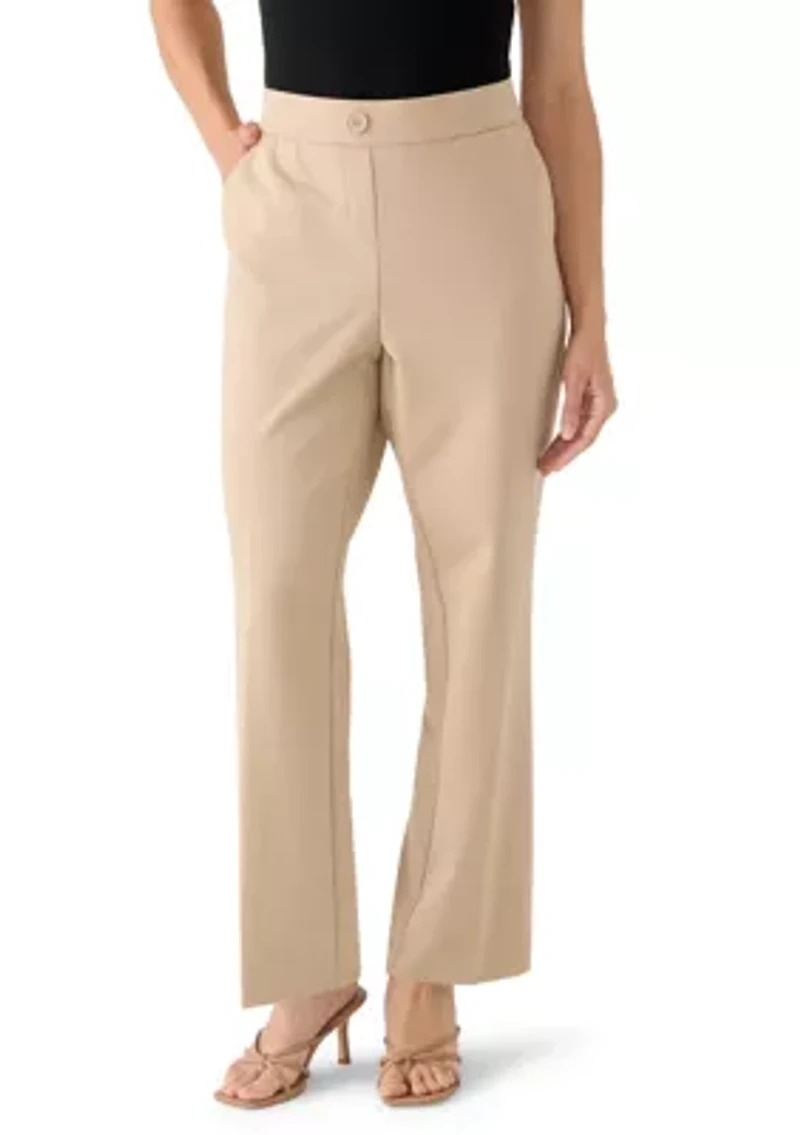 Petite Pull On One Button Faux Fly Ponte Straight Pants