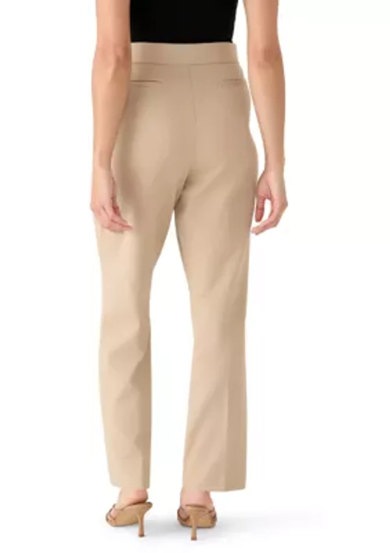 Petite Pull On One Button Faux Fly Ponte Straight Pants