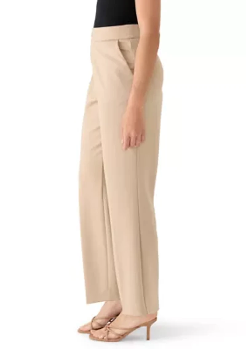 Petite Pull On One Button Faux Fly Ponte Straight Pants