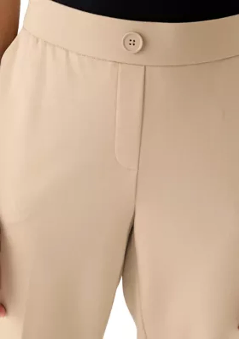 Petite Pull On One Button Faux Fly Ponte Straight Pants