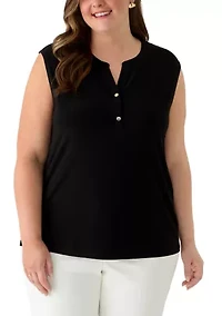 Plus Button Front V-Neck Knit Top