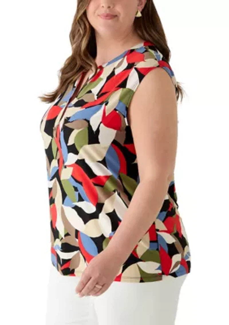 Plus Button Front Split Neck Top