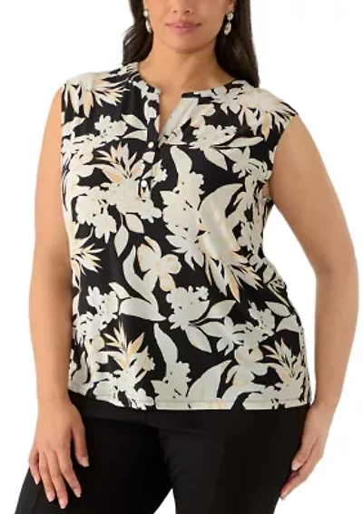 Plus Button Front V-Neck Knit Top