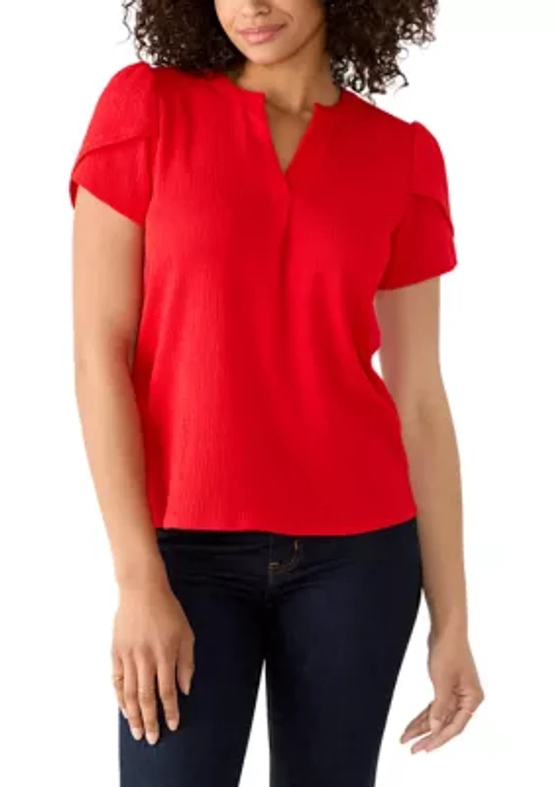 Petite V-Neck Bubble Check Tulip Sleeve Top