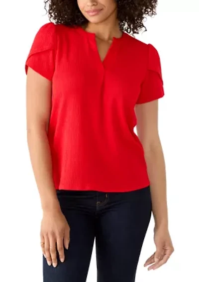 Petite V-Neck Bubble Check Tulip Sleeve Top