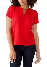 Petite V-Neck Bubble Check Tulip Sleeve Top