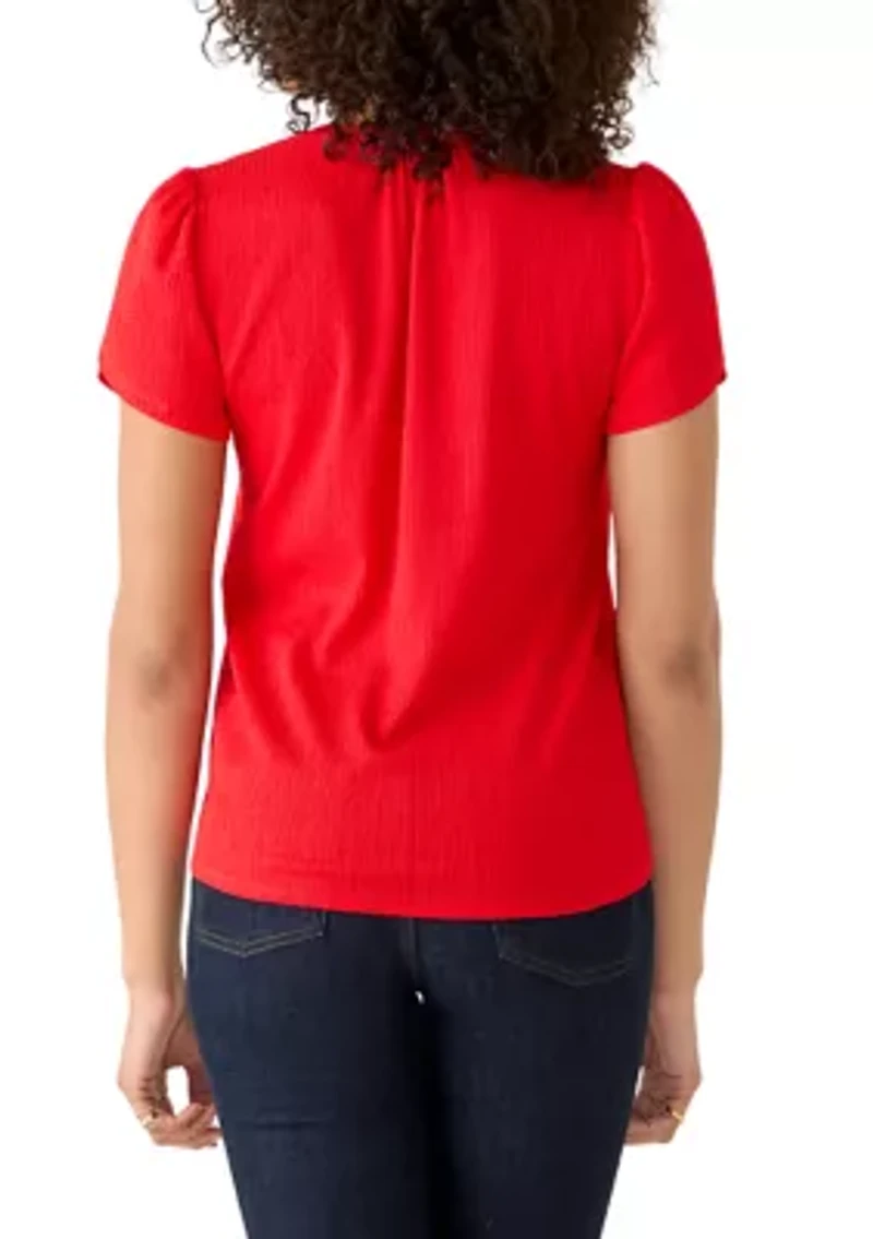 Petite V-Neck Bubble Check Tulip Sleeve Top