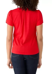 Petite V-Neck Bubble Check Tulip Sleeve Top