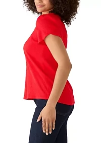 Petite V-Neck Bubble Check Tulip Sleeve Top