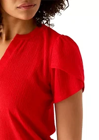 Petite V-Neck Bubble Check Tulip Sleeve Top