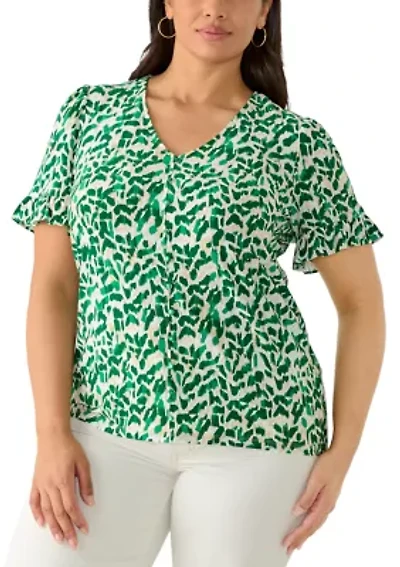 Plus Elbow Ruffle V-Neck Button Front