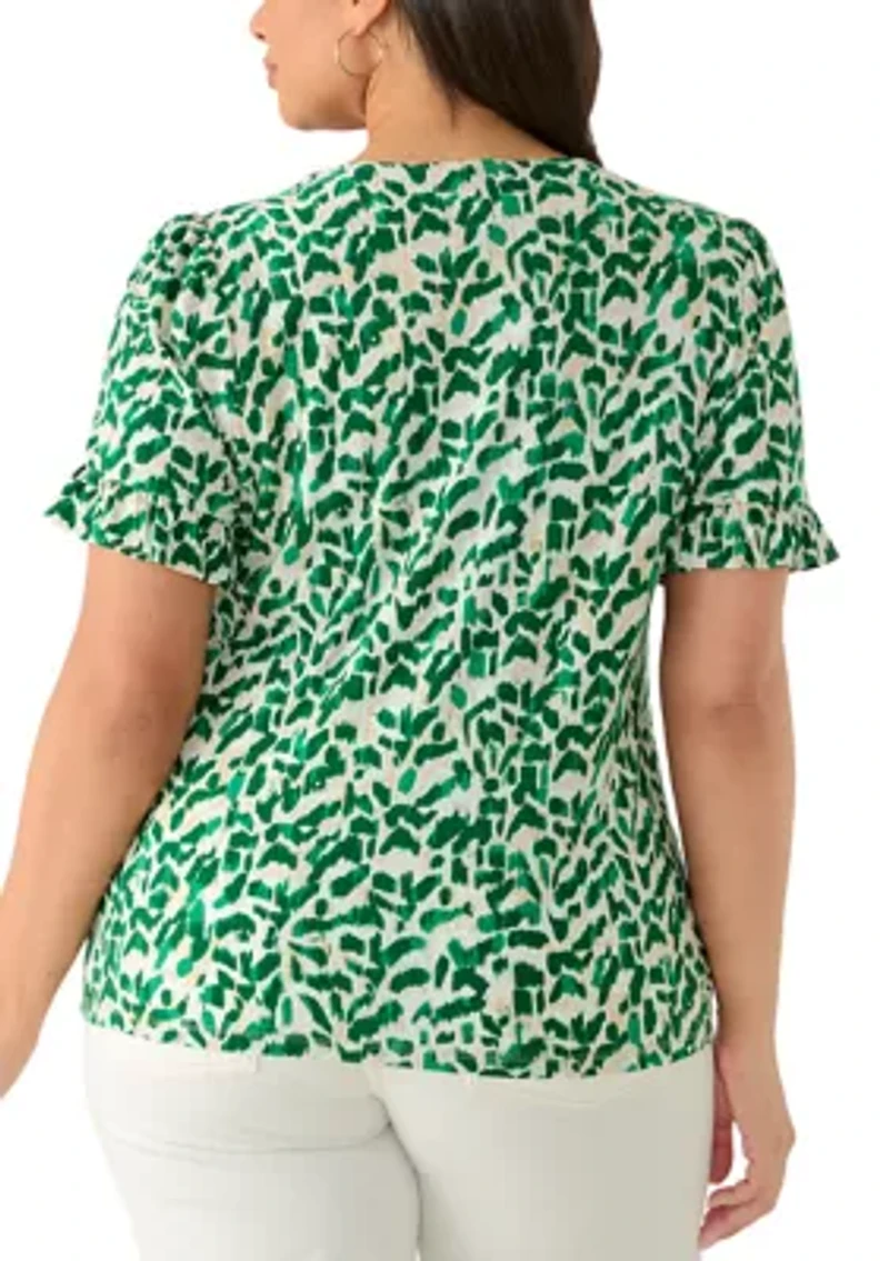 Plus Elbow Ruffle V-Neck Button Front
