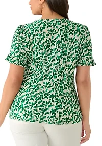 Plus Elbow Ruffle V-Neck Button Front