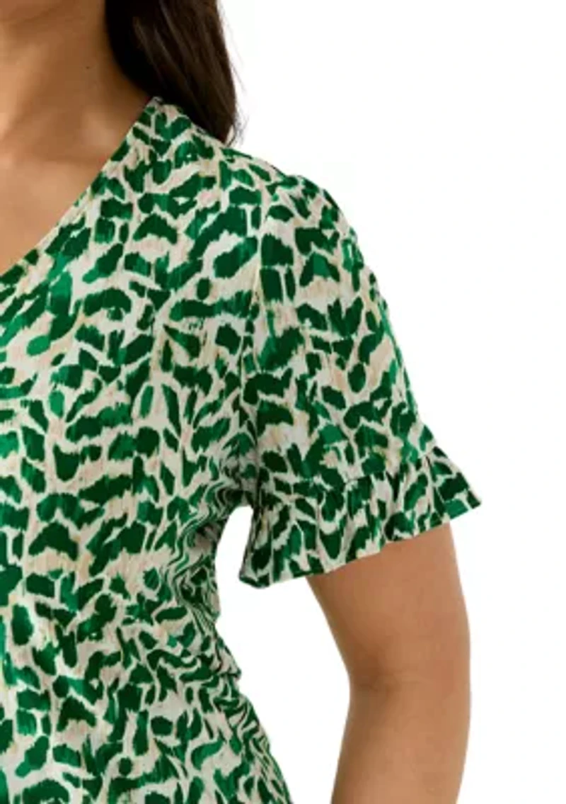 Plus Elbow Ruffle V-Neck Button Front