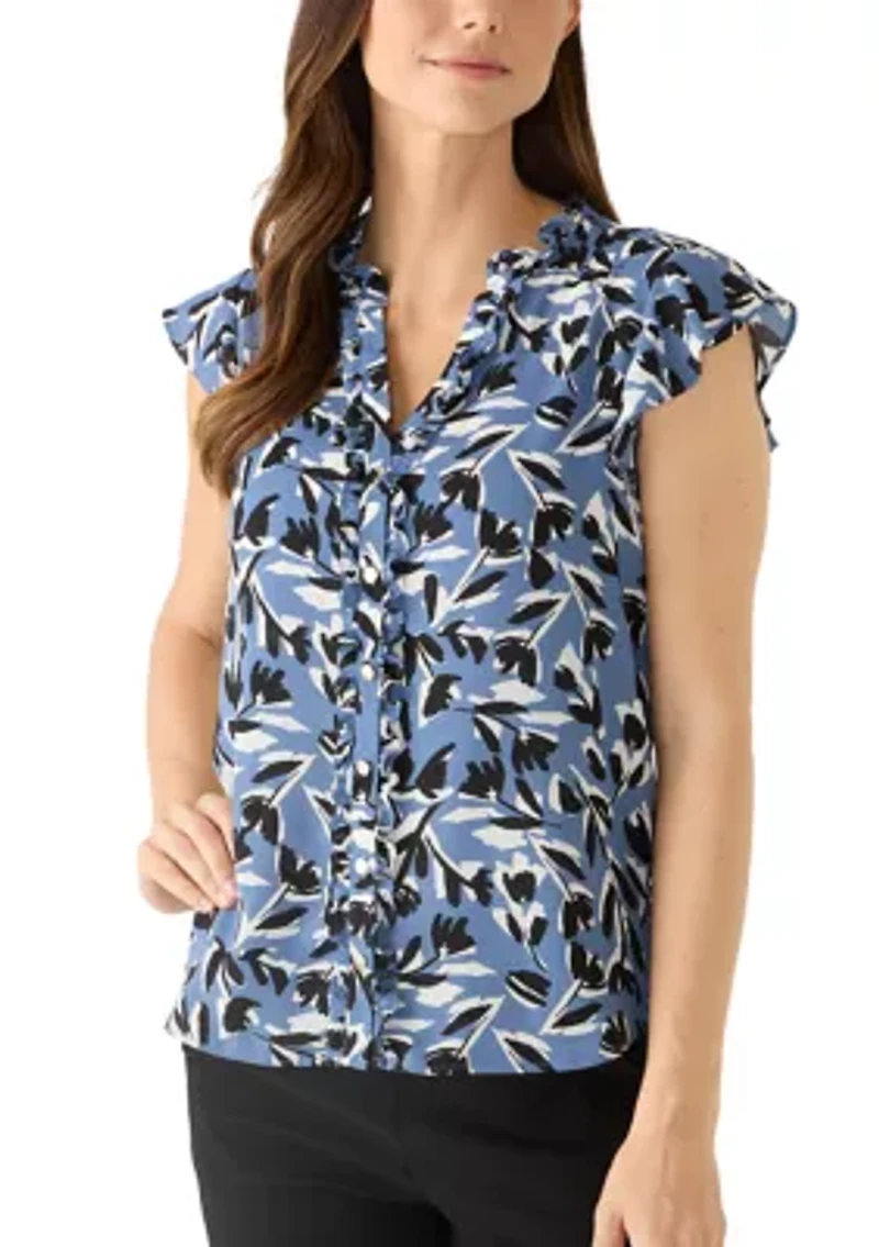 Women's Button Front Mini Ruffle Top