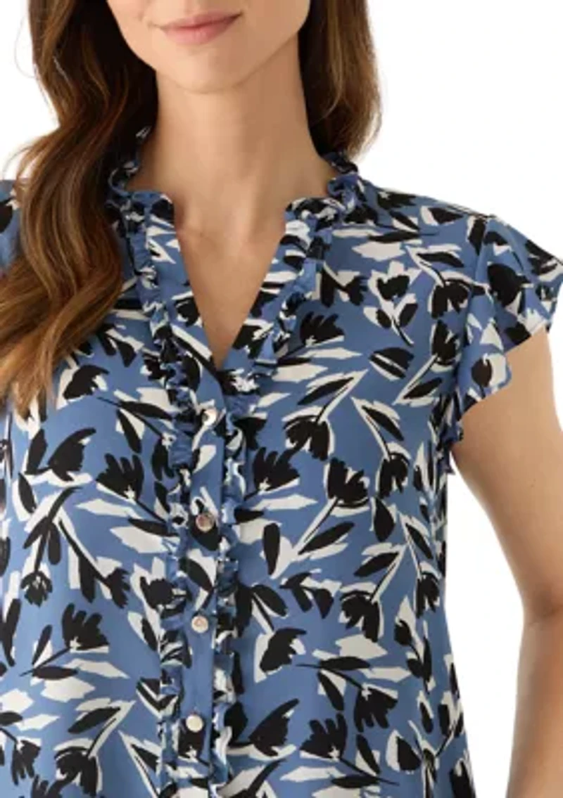 Women's Button Front Mini Ruffle Top
