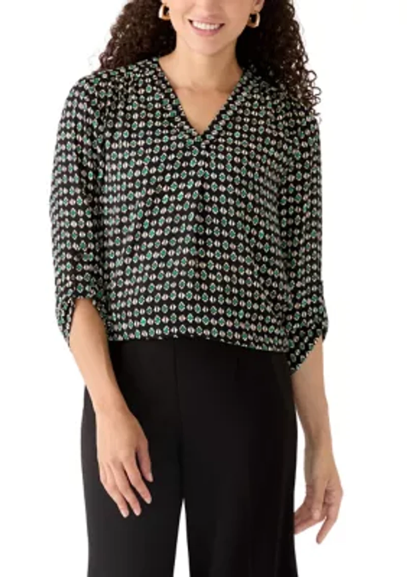 Petite Three-Quarter Roll Tab Sleeve Woven Top
