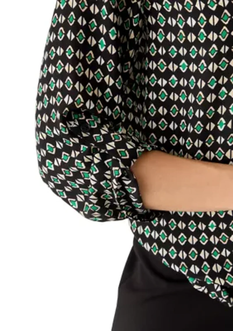 Petite Three-Quarter Roll Tab Sleeve Woven Top